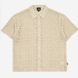 Stussy Tan Casual Button Down Shirt with Intricate Pattern